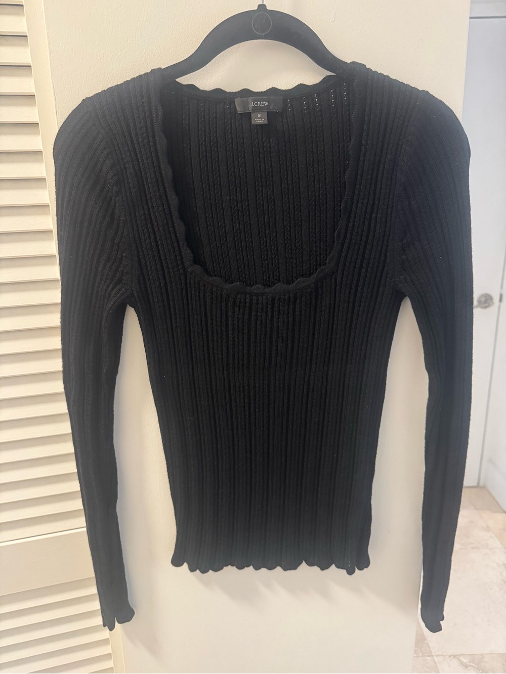 J. Crew | SCALLOPED SQUARENECK POINTELLE SWEATER | Size S | Black